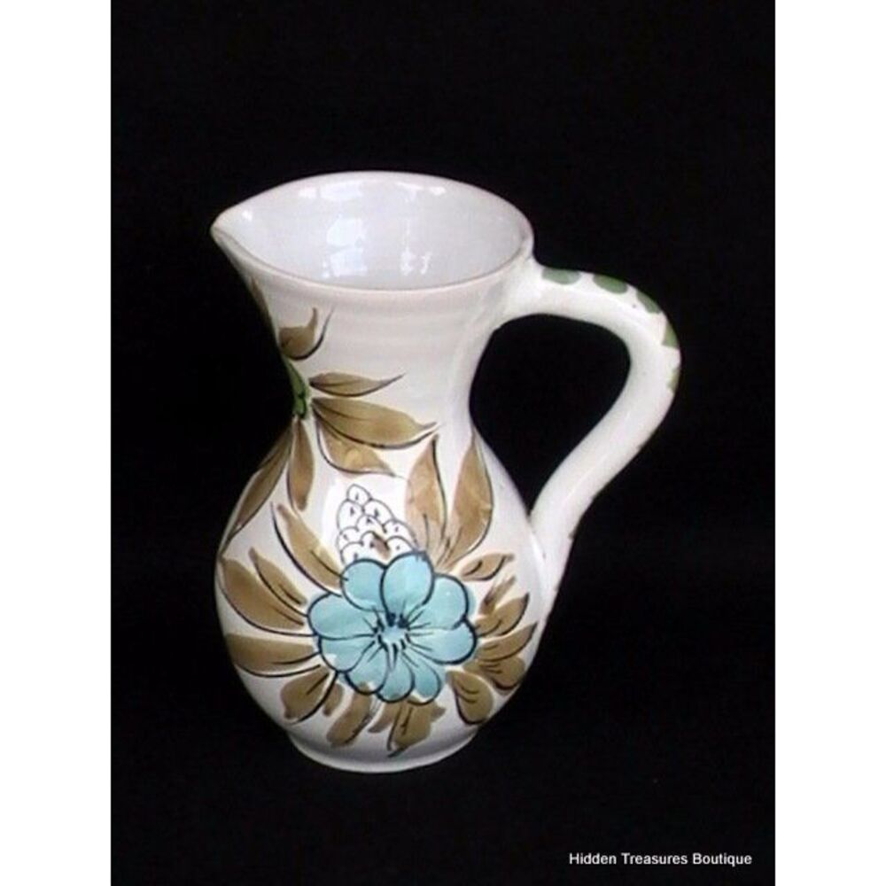 Italian Hand-Painted Floral Art Pottery Pitcher Blue Green Teal Brown Italy